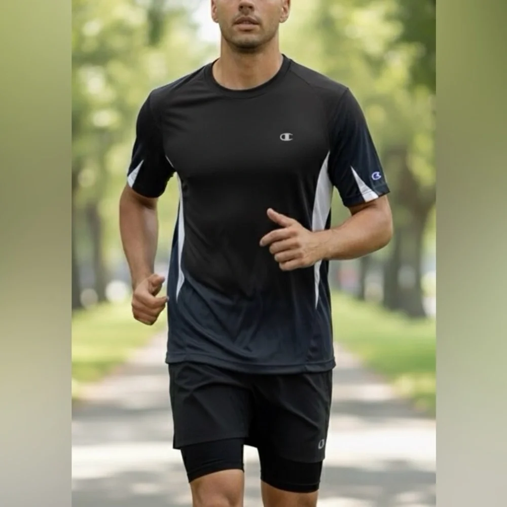 Champion Double Dry Athletic T-Shirt Men's Medium Black White Performance Tee - Picture 1 of 4